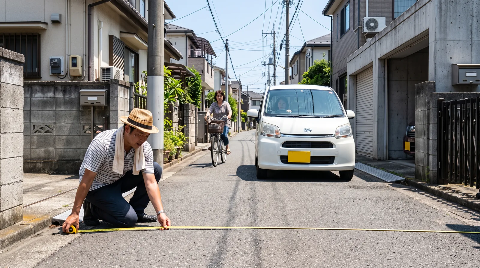 真夏の生活道路で、しゃがんで巻尺を当て道路の幅を一人で測る人。その後ろで軽自動車と自転車が通れずに停まって待っている。